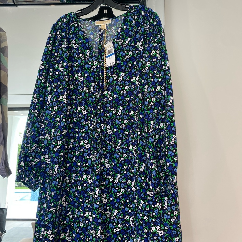 Michael Kors Black Floral V-Neck Dress with Blue, Green & White Print